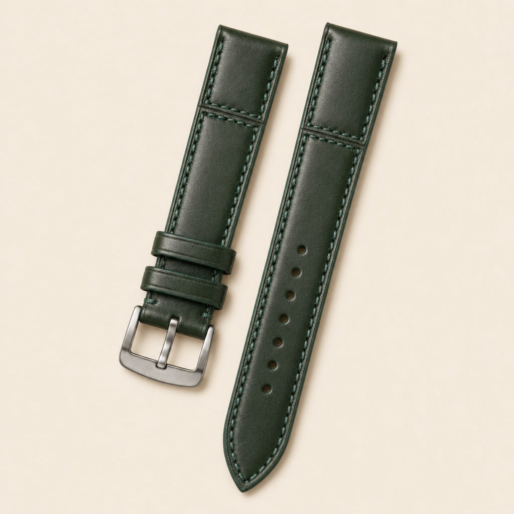 Dark Green Shell Cordovan Leather Watch Strap leather watch strap, flat lay
