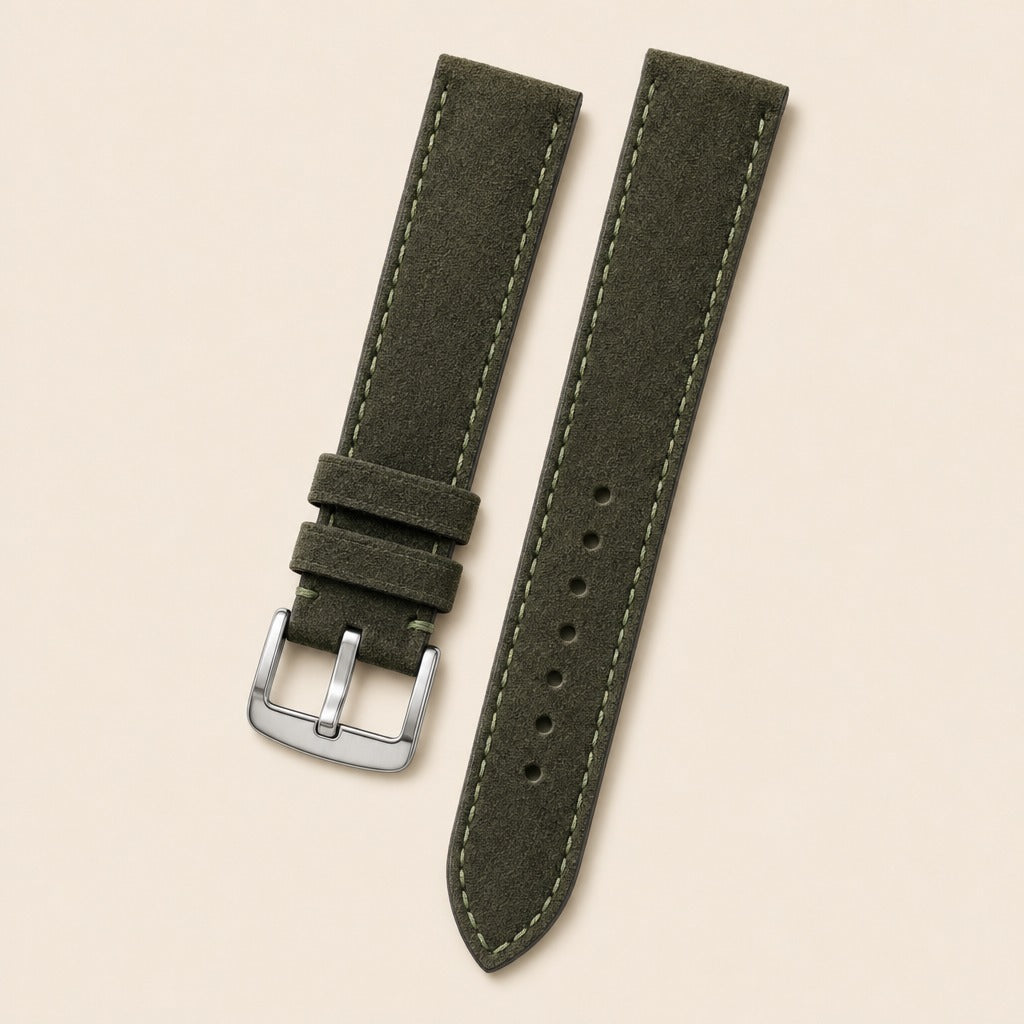 Dark Green Suede Leather Watch Strap leather watch strap, flat lay