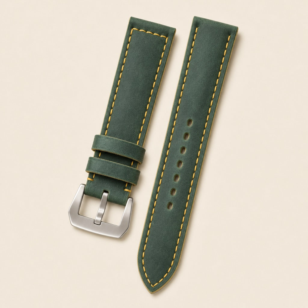 Dark Green Waxed Leather Watch Strap leather watch strap, flat lay