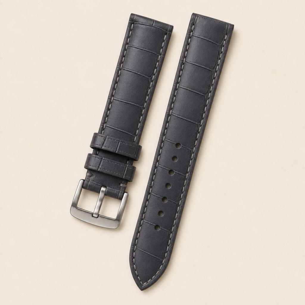Dark Grey Alligator Leather Watch Strap leather watch strap, flat lay