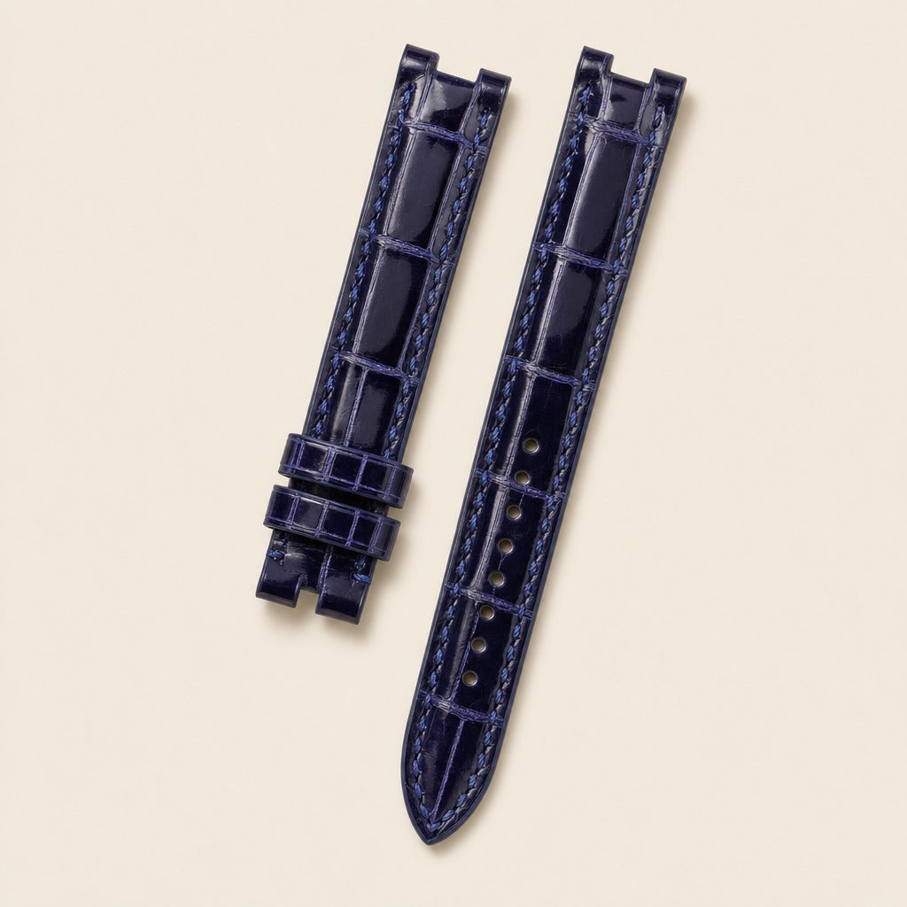 Dark Navy Blue Alligator Leather Watch Strap leather watch strap, flat lay