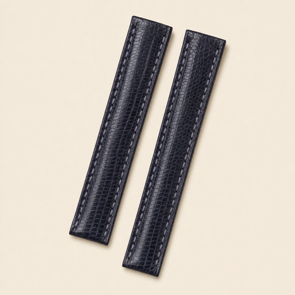Dark Navy Blue Lizard Leather Watch Strap leather watch strap, flat lay