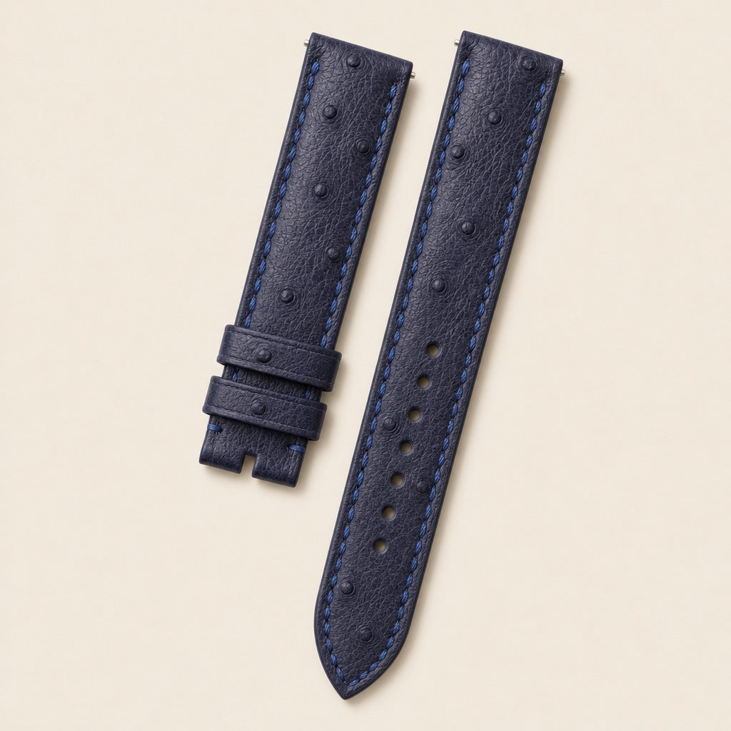 Dark Navy Blue Ostrich Leather Watch Strap leather watch strap, flat lay