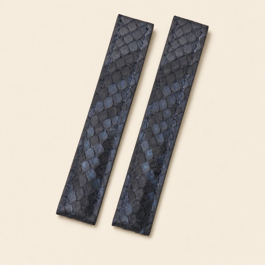 Dark Navy Blue Python Leather Watch Strap leather watch strap, flat lay