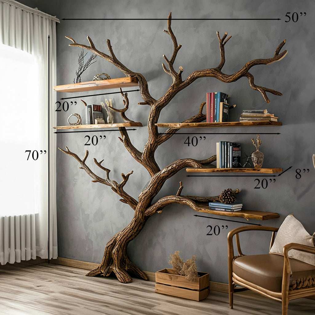 Dark Brown Carved Solid Wood Tree Bookshelf for Living Room - view 3