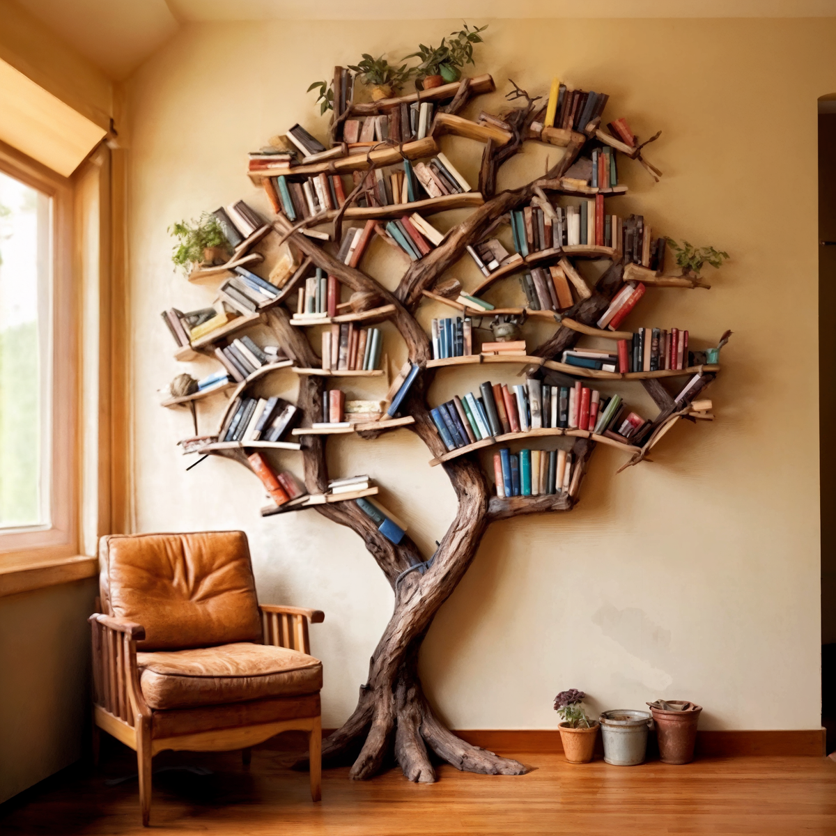 Carved Solid Wood Tree Branch Bookshelf for Feature Walls