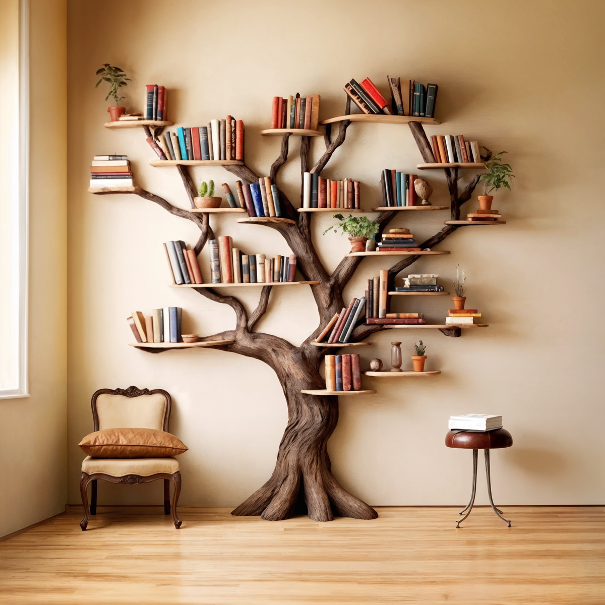Tree Branch Floating Bookshelf with Natural Wood Shelves