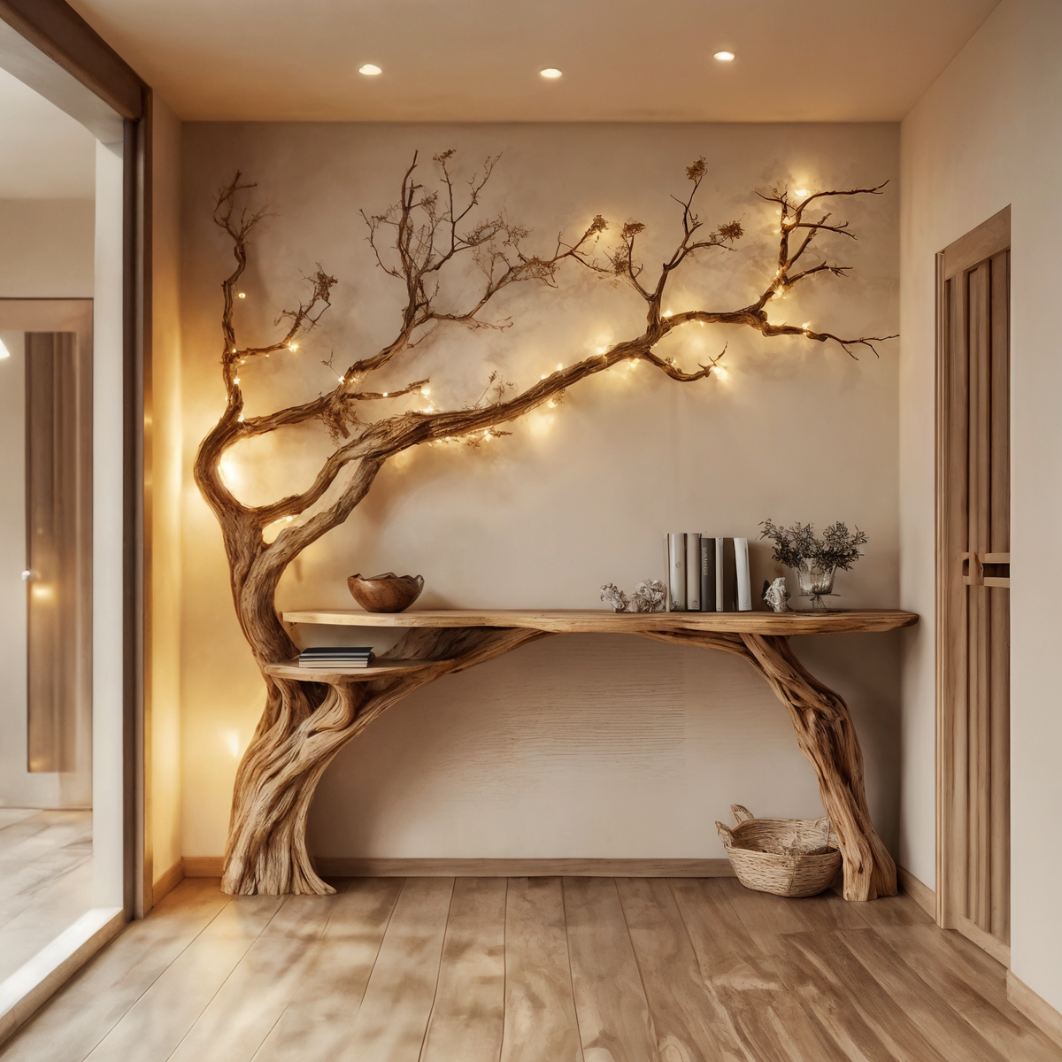 Natural Solid Wood Console Side Table with Tree Bookshelf