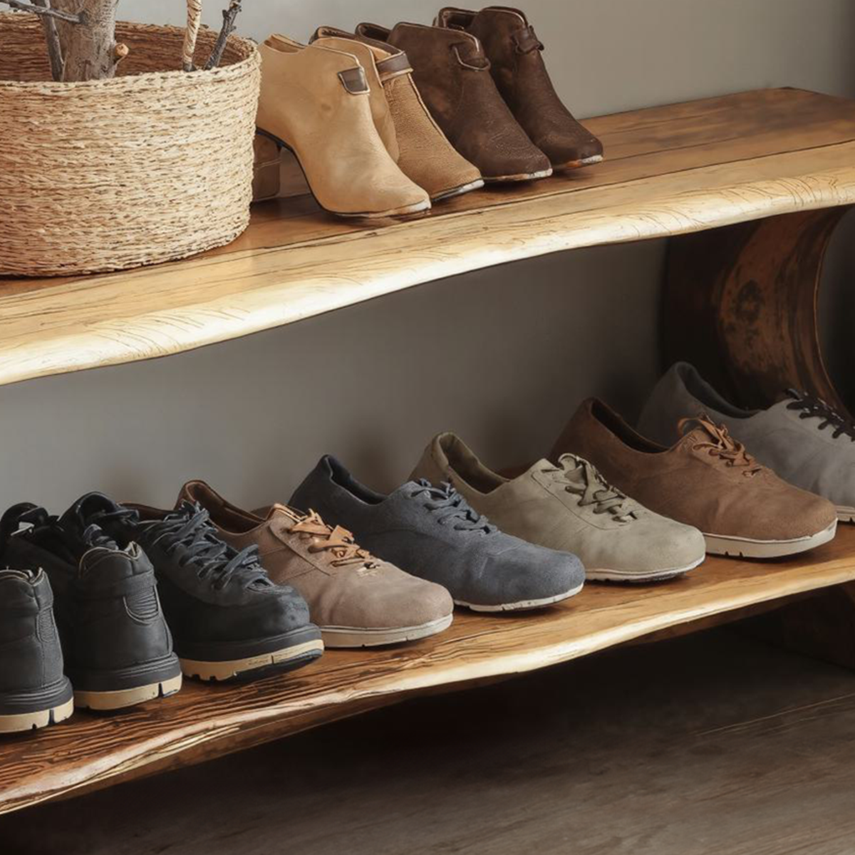 Narrow Solid Wood Entryway Shoe Rack Bench with Live Edge - view 2