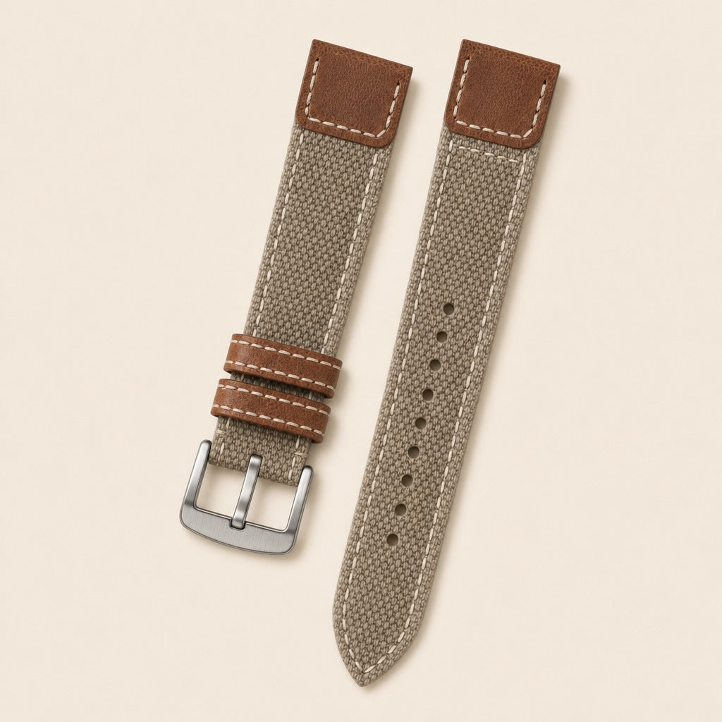 Etoupe & Brown Canvas Watch Strap leather watch strap, flat lay