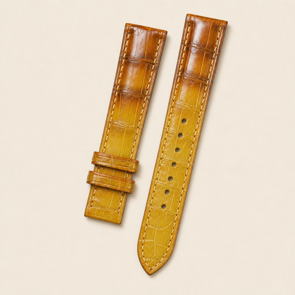 Faded Tan Brown Alligator Leather Watch Strap leather watch strap, flat lay