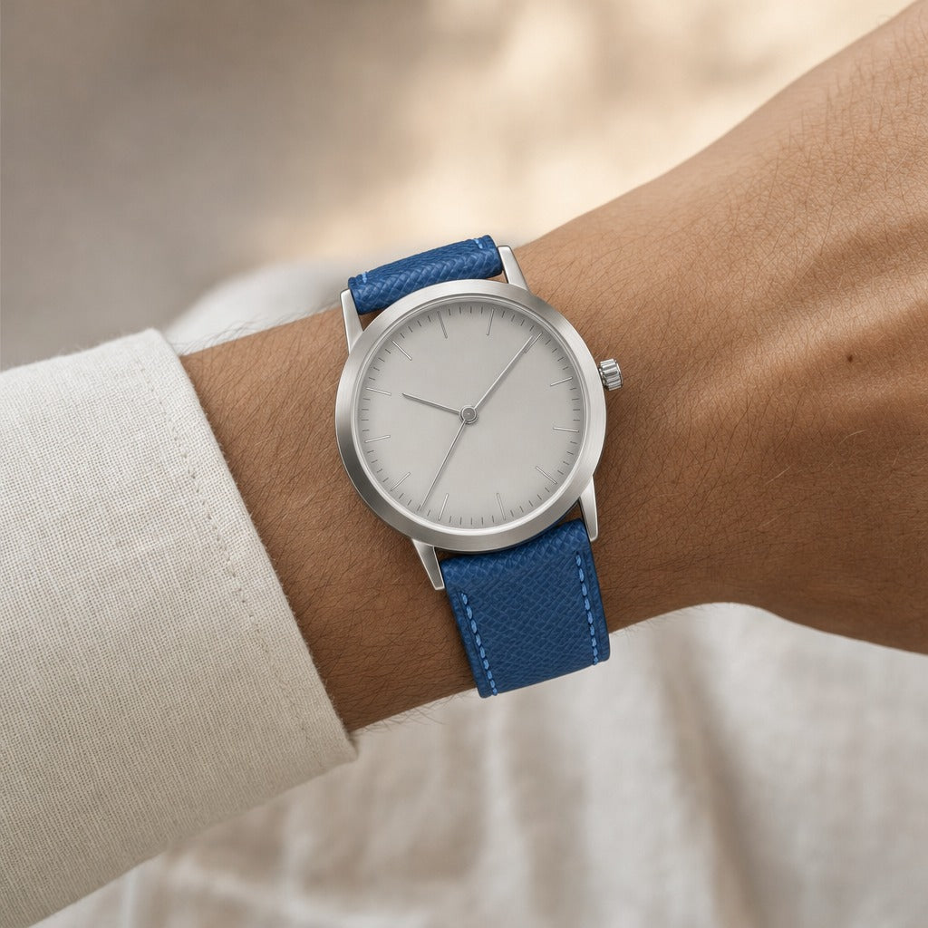 Blue Epsom Leather Watch Strap worn on the wrist