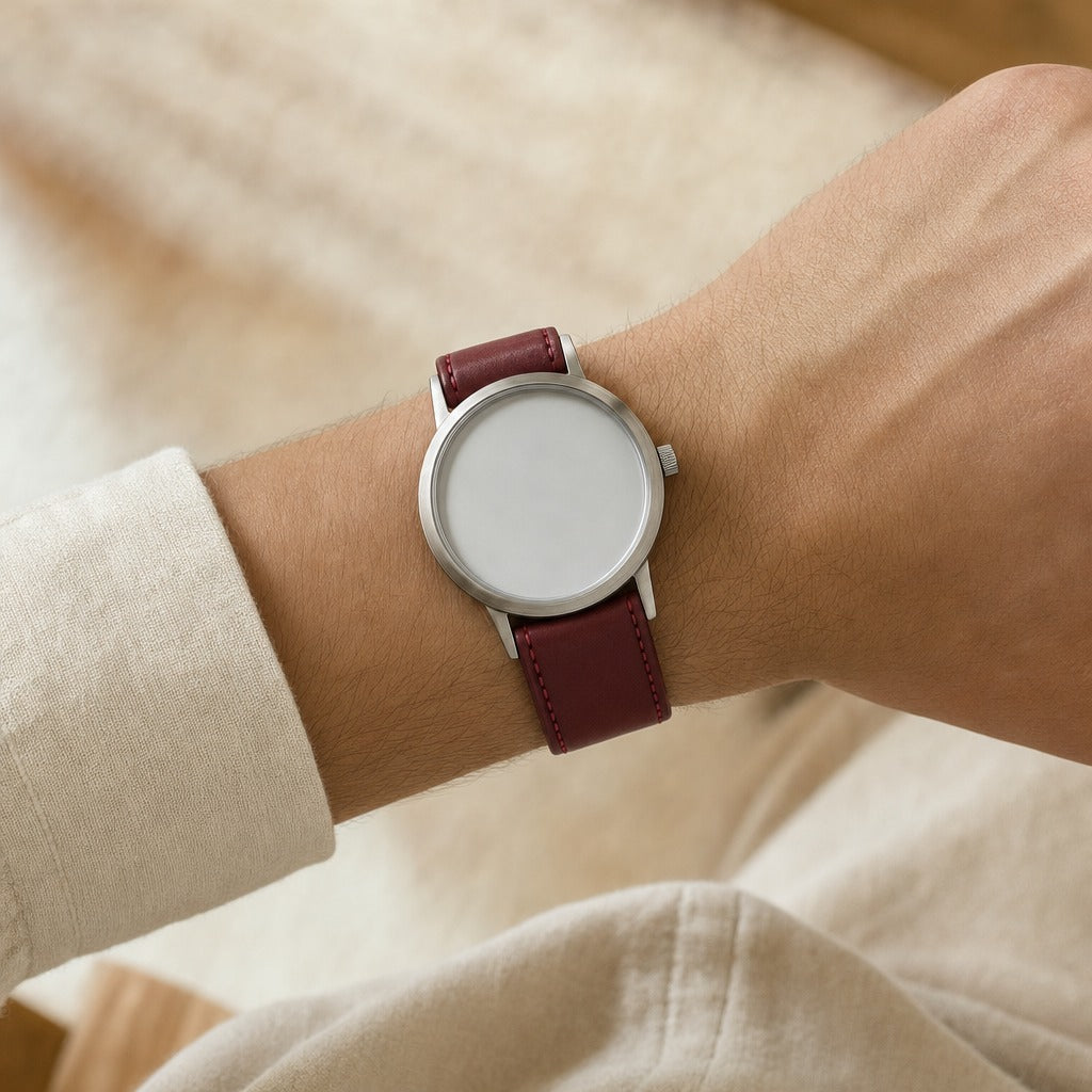Burgundy Swift Leather Watch Strap worn on the wrist