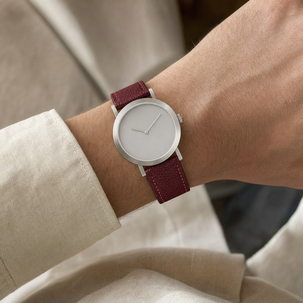 Burgundy Togo Leather Watch Strap worn on the wrist