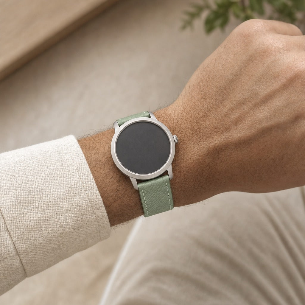 Celadon Green Epsom Leather Watch Strap worn on the wrist