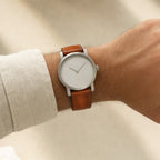 Cognac Hand-Dyed Patina Leather Watch Strap worn on the wrist