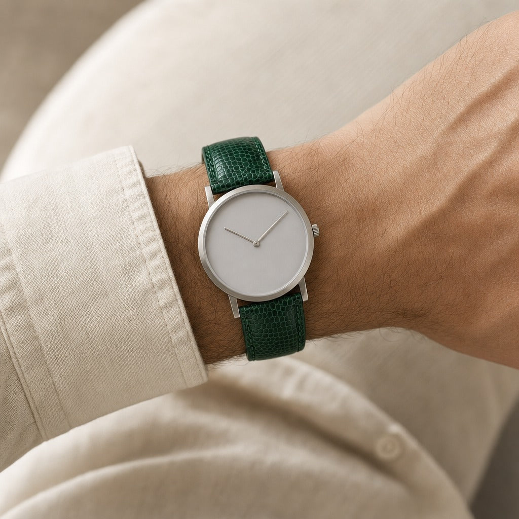 Green Lizard Leather Watch Strap worn on the wrist