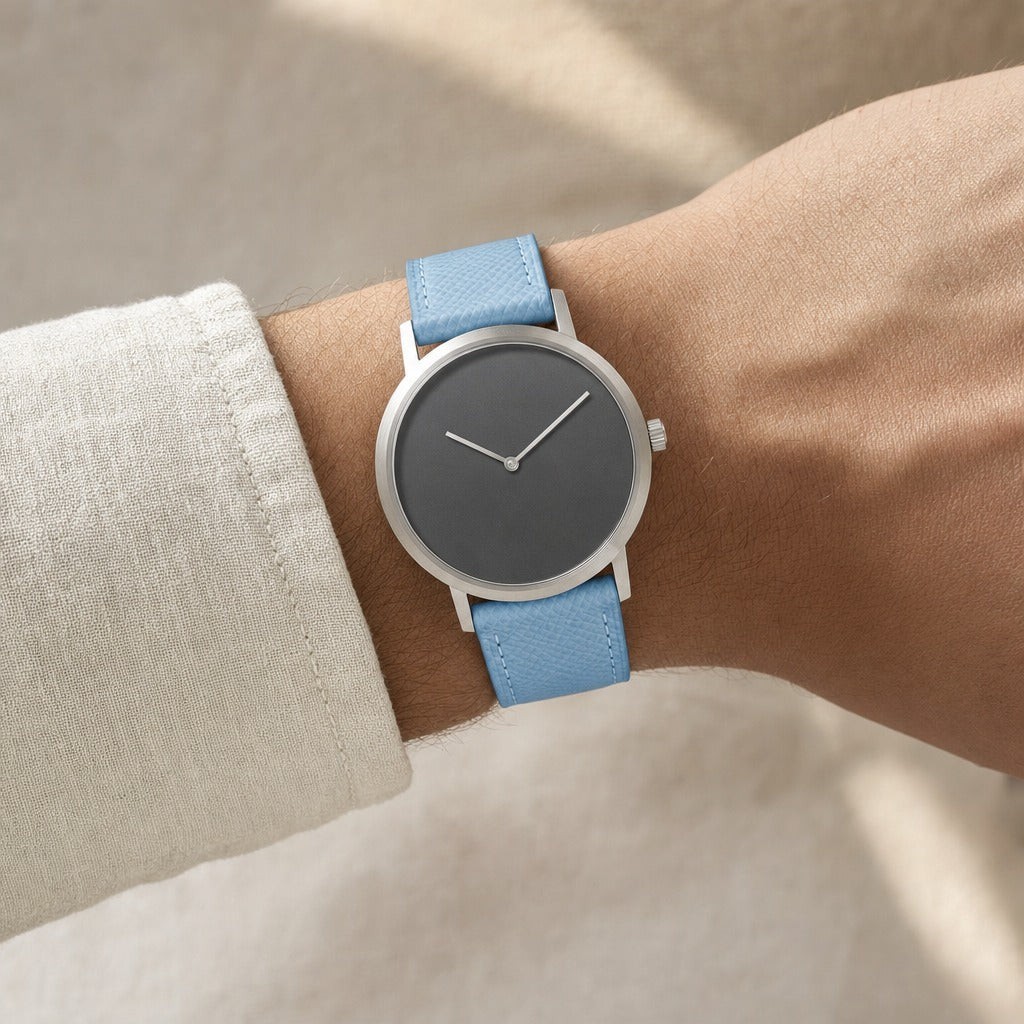 Light Blue Epsom Leather Watch Strap worn on the wrist