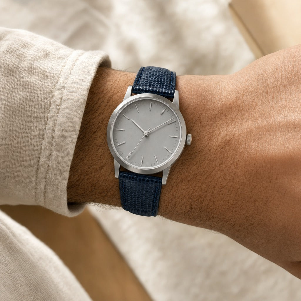 Navy Lizard Leather Watch Strap worn on the wrist