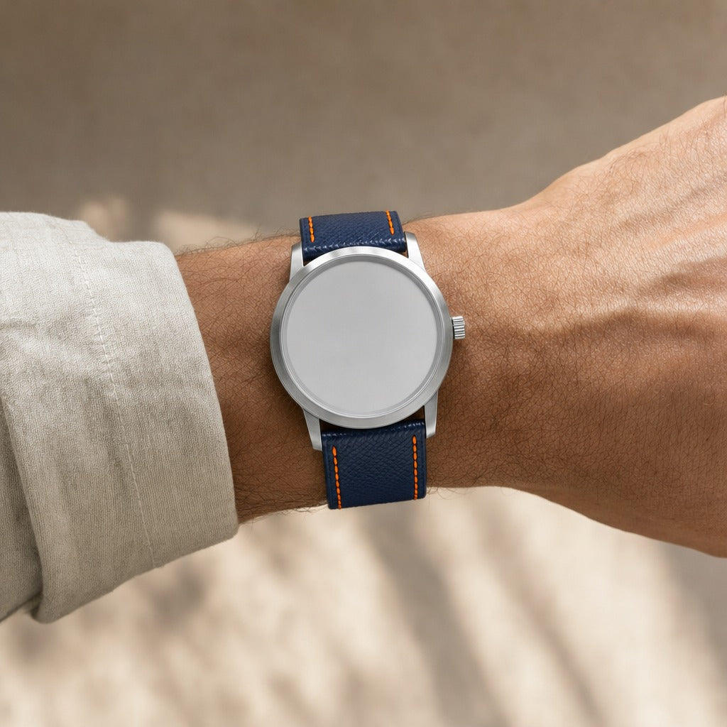 Navy Orange Epsom Leather Watch Strap worn on the wrist