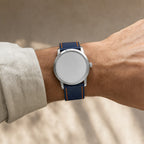 Navy Orange Epsom Leather Watch Strap worn on the wrist