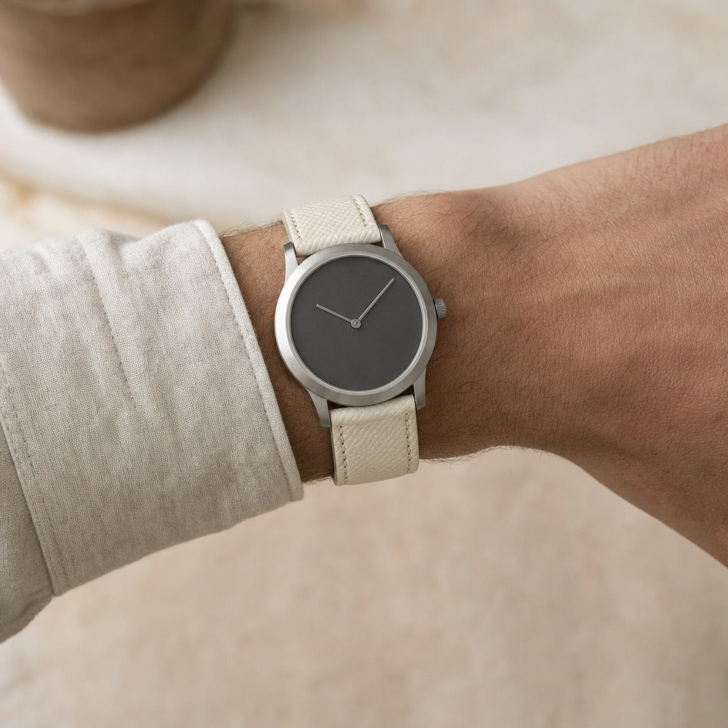 Off White Epsom Leather Watch Strap worn on the wrist