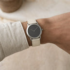 Off White Epsom Leather Watch Strap worn on the wrist
