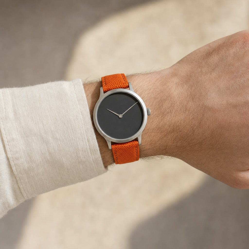 Orange Lizard Leather Watch Strap worn on the wrist