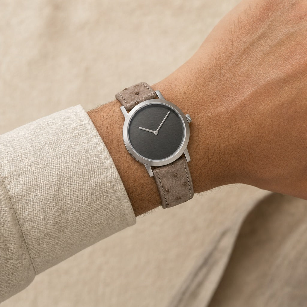 Taupe Smooth Ostrich Leather Watch Strap worn on the wrist