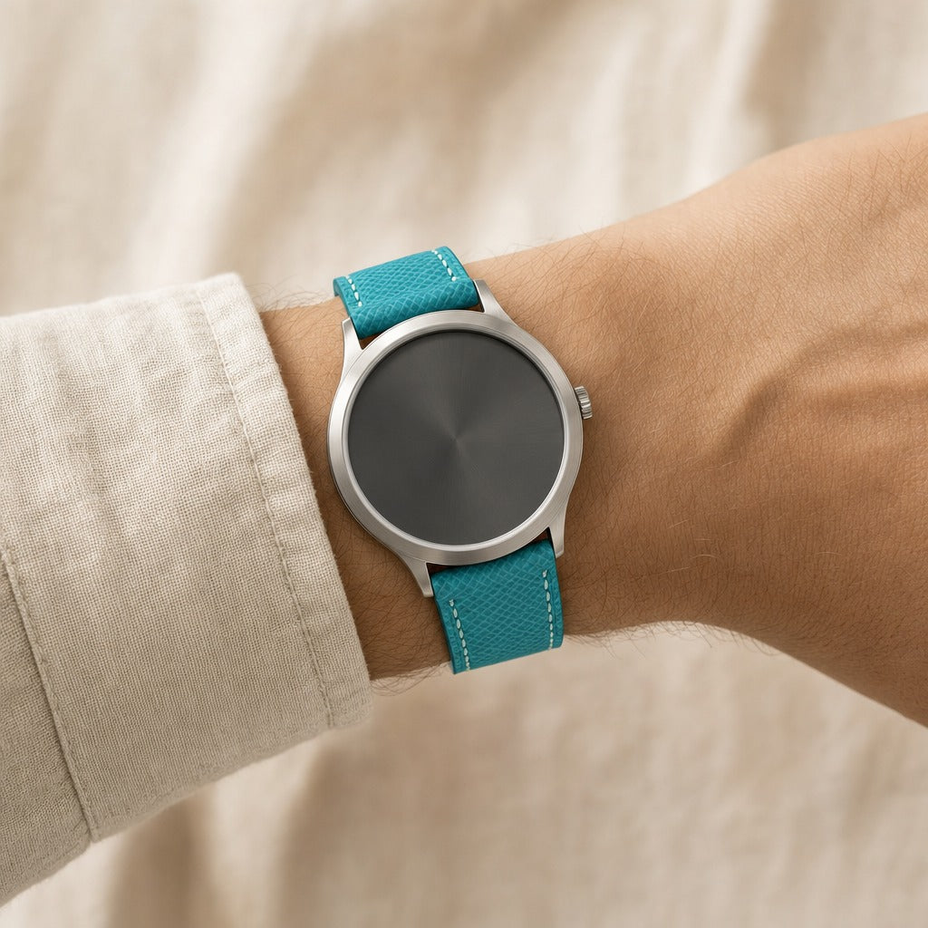 Turquoise Epsom Leather Watch Strap worn on the wrist