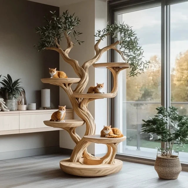 Rustic Solid Wood Cat Tree with Natural Branch Design