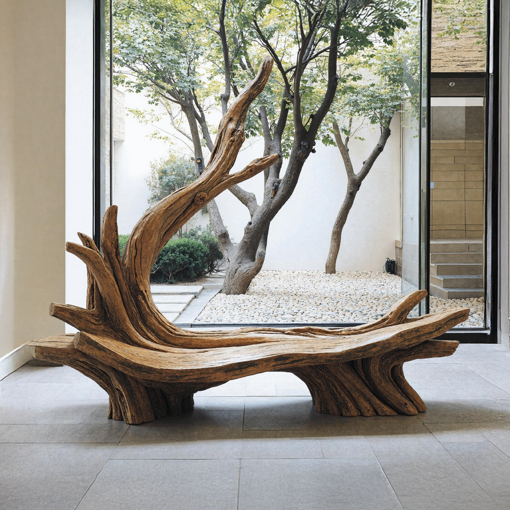 Hand-Sculpted Live Edge Branch Bench for Patio or Entryway