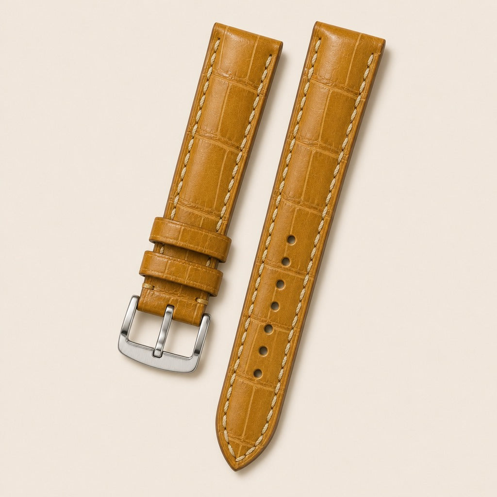 Gold Alligator Leather Watch Strap leather watch strap, flat lay