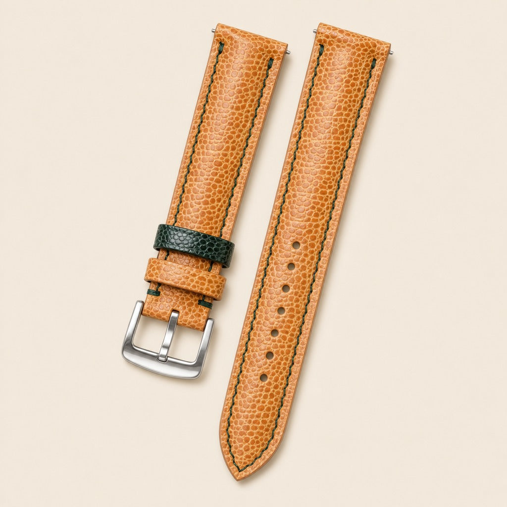 Gold Ostrich Leather Watch Strap leather watch strap, flat lay