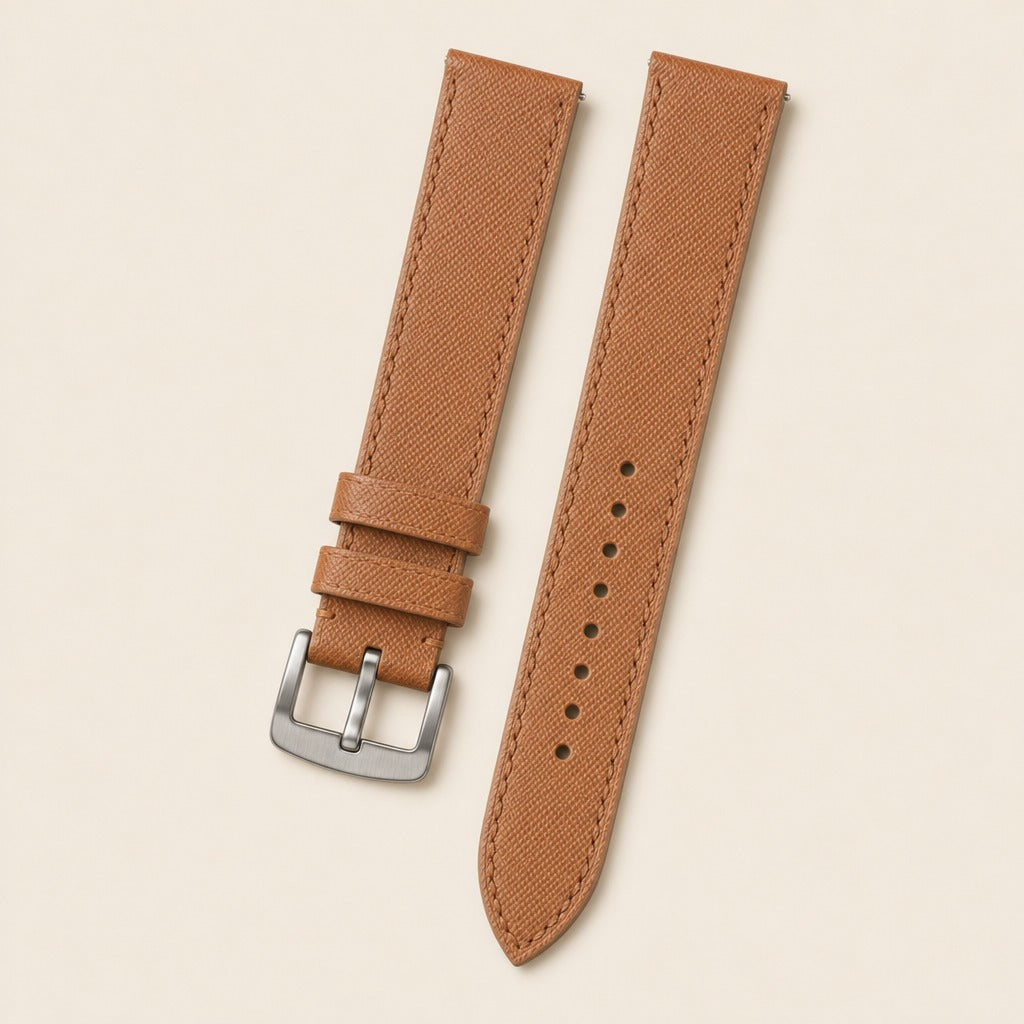 Golden Brown Saffiano Leather Watch Strap leather watch strap, flat lay