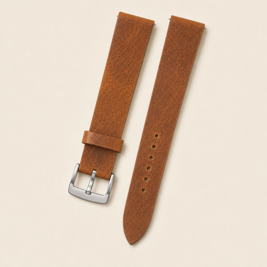 Golden Brown Waxed Leather Watch Strap leather watch strap, flat lay
