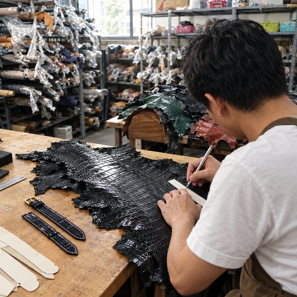 Selecting and cutting the leather in our Saigon workshop