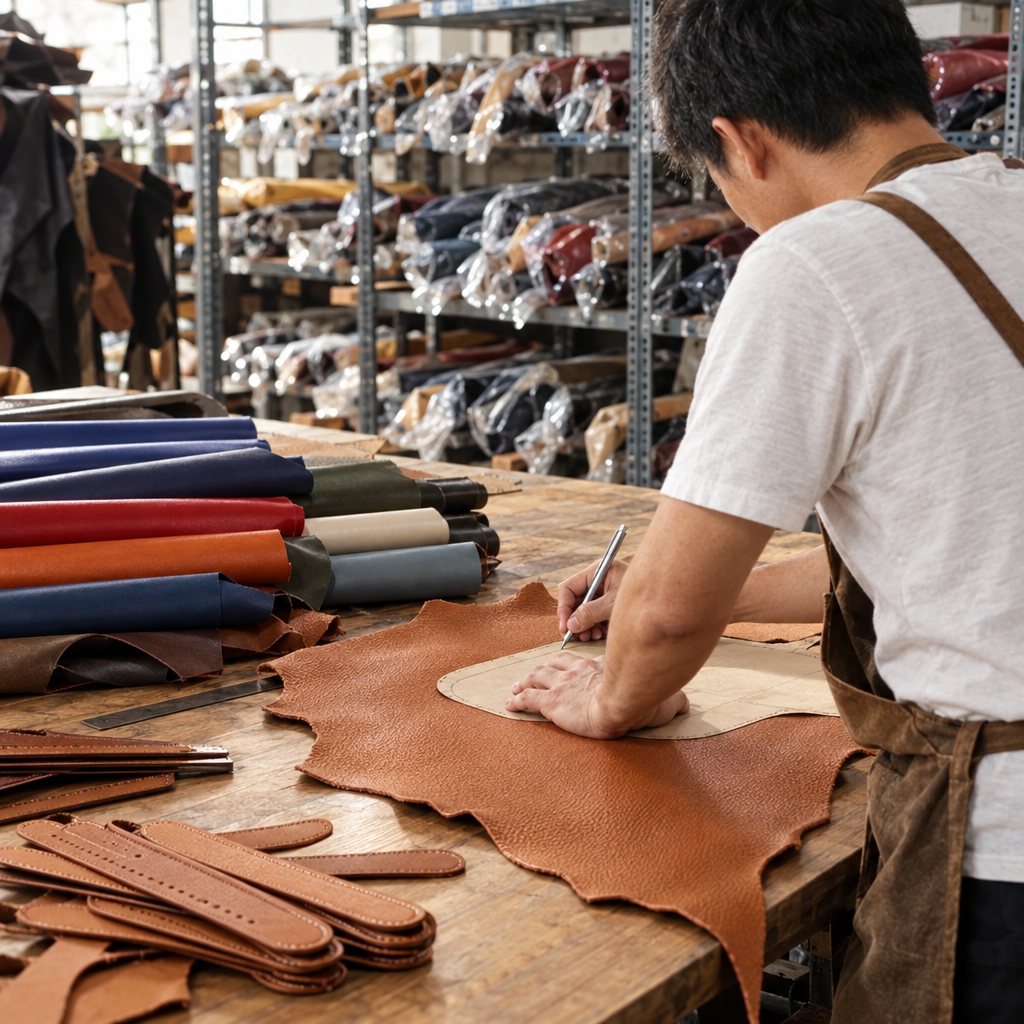 Selecting and cutting the leather in our Saigon workshop