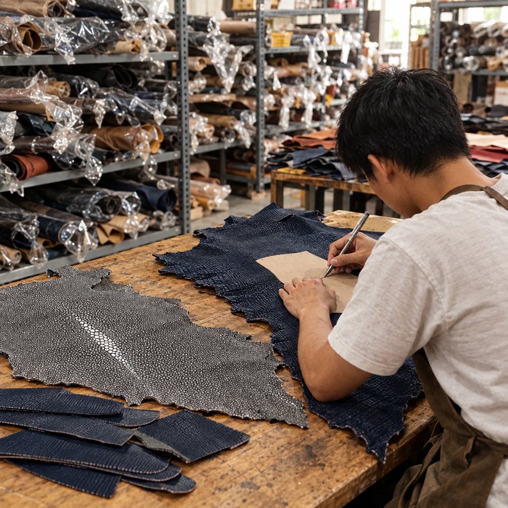 Selecting and cutting the leather in our Saigon workshop