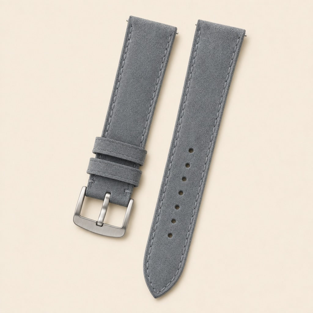 Graphite Grey Suede Leather Watch Strap leather watch strap, flat lay