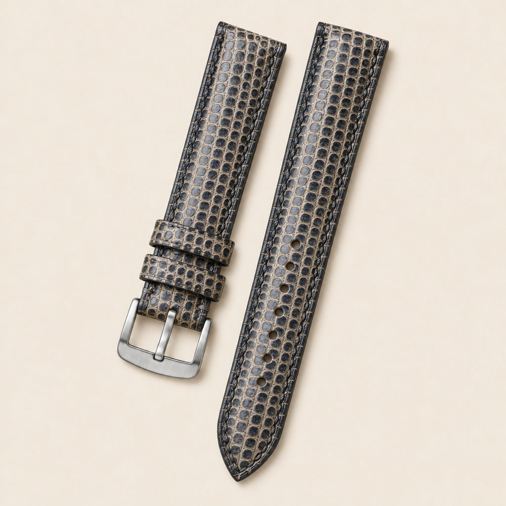 Gray & Black Lizard Leather Watch Strap leather watch strap, flat lay