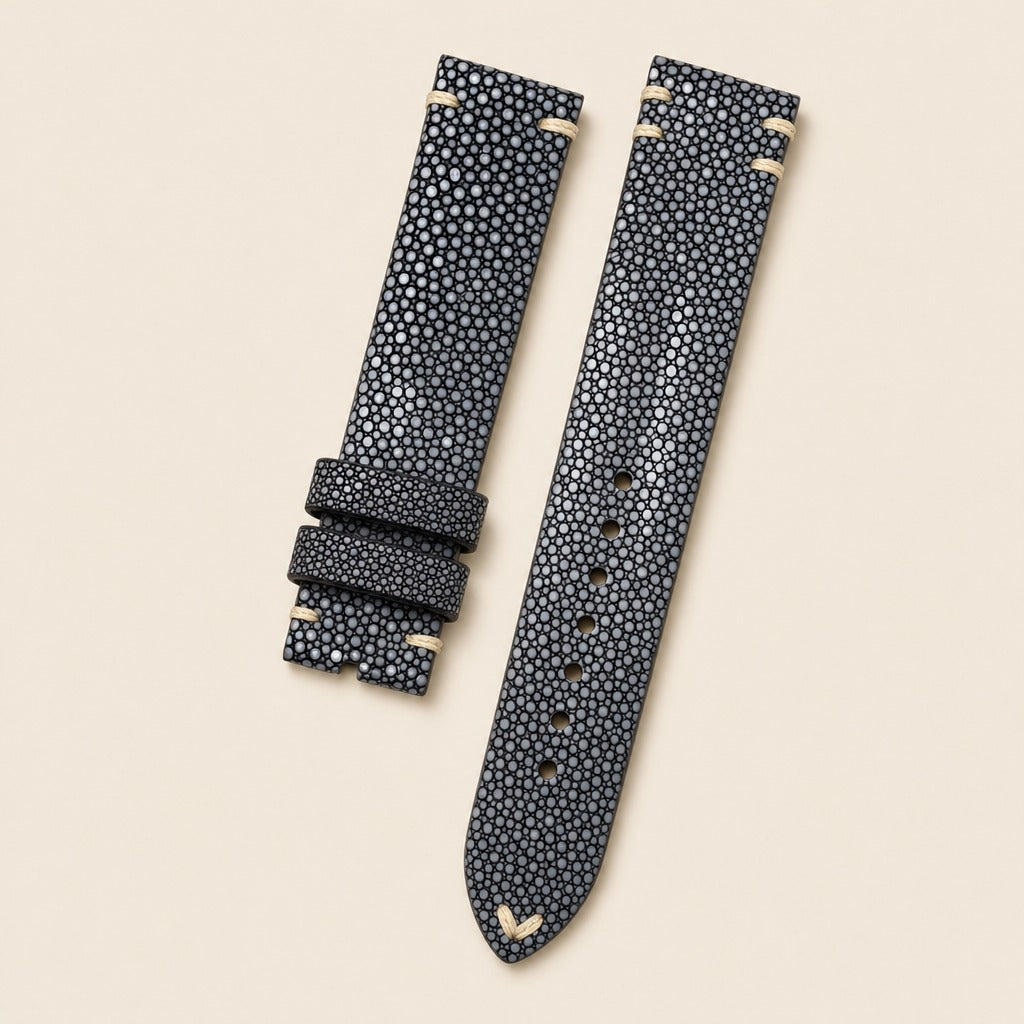 Gray Black Stingray Leather Watch Strap leather watch strap, flat lay
