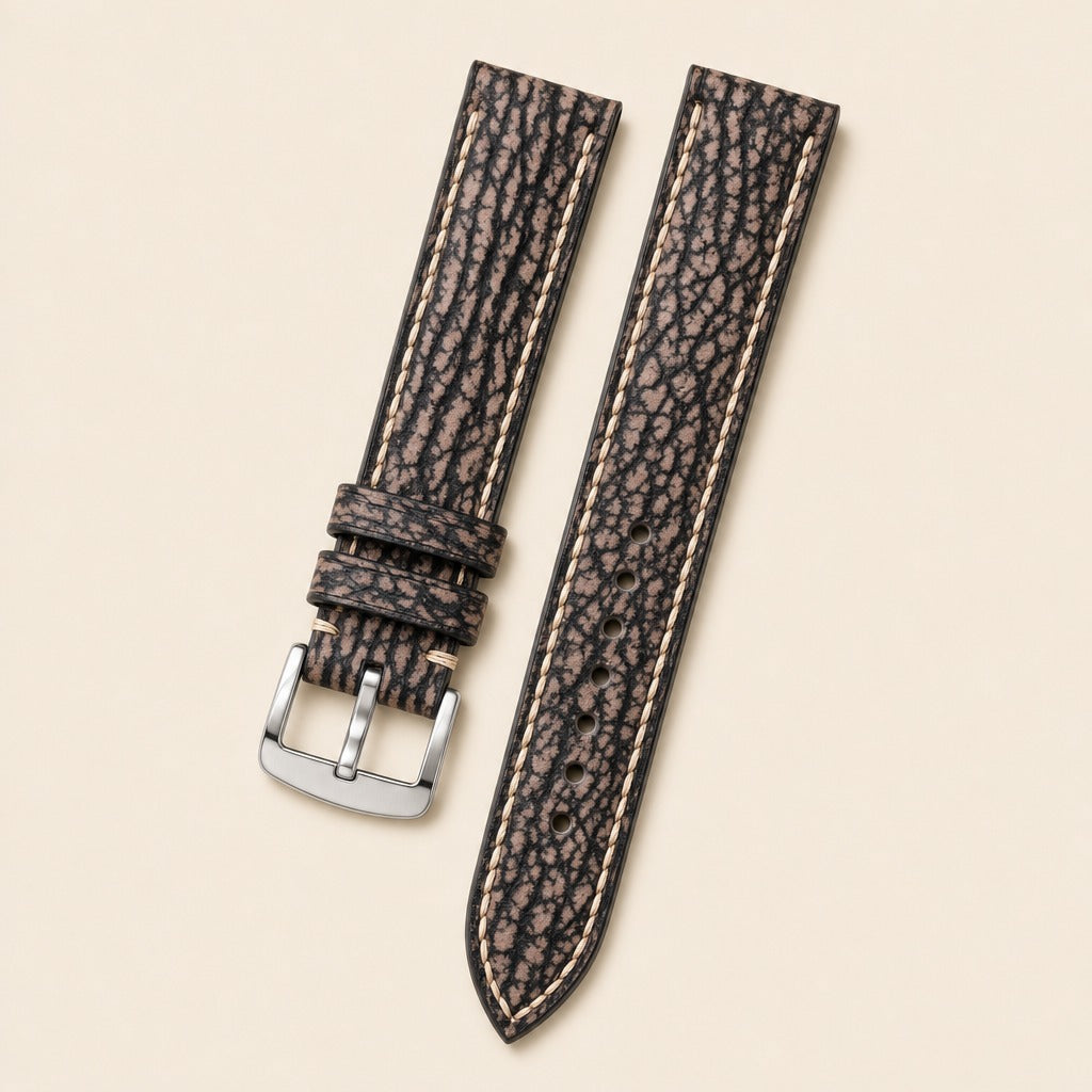 Gray Brown Shark Leather Watch Strap leather watch strap, flat lay