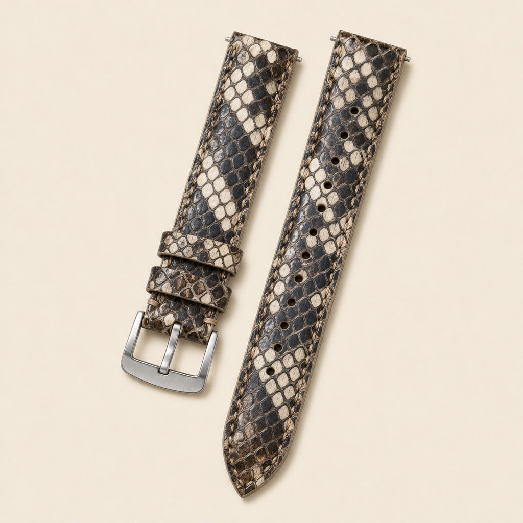 Gray Python Leather Watch Strap leather watch strap, flat lay