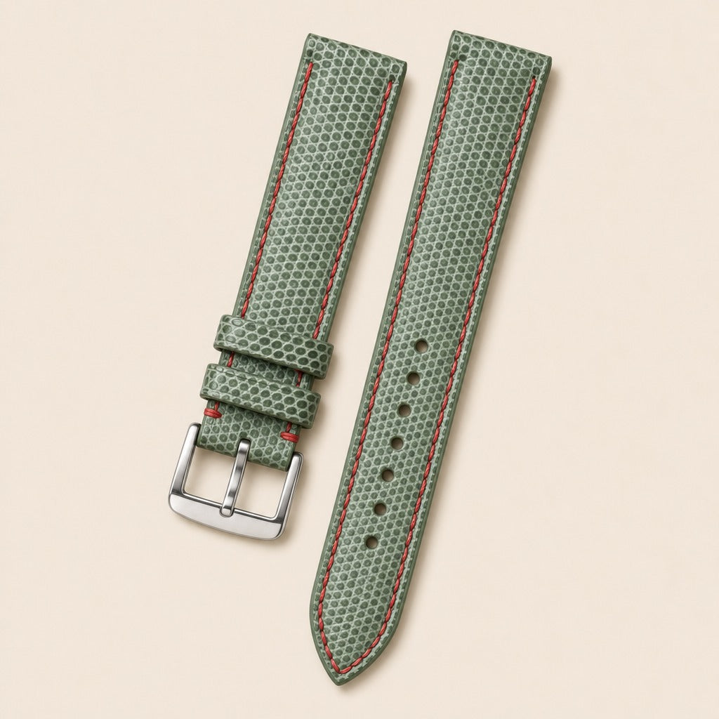 Green & Red Lizard Leather Watch Strap leather watch strap, flat lay
