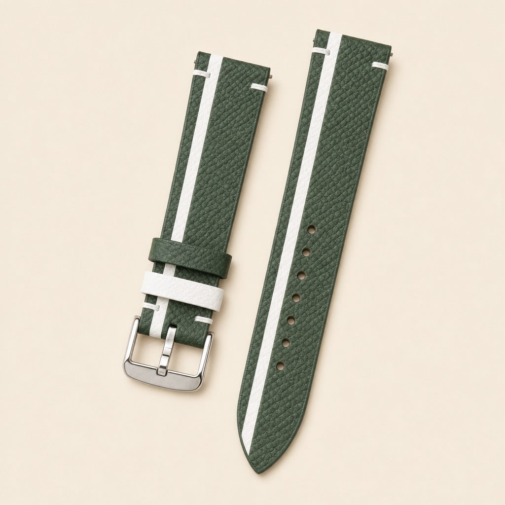 Green & White Epsom Leather Watch Strap leather watch strap, flat lay