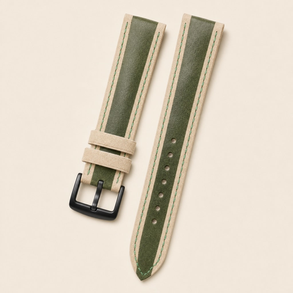 Green Beige Suede Leather Watch Strap leather watch strap, flat lay