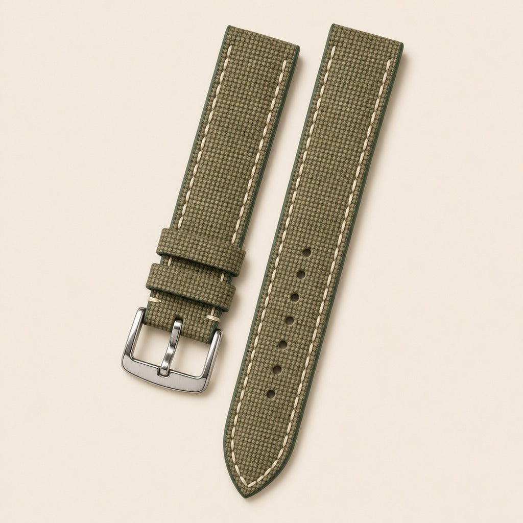 Green Canvas Watch Strap leather watch strap, flat lay