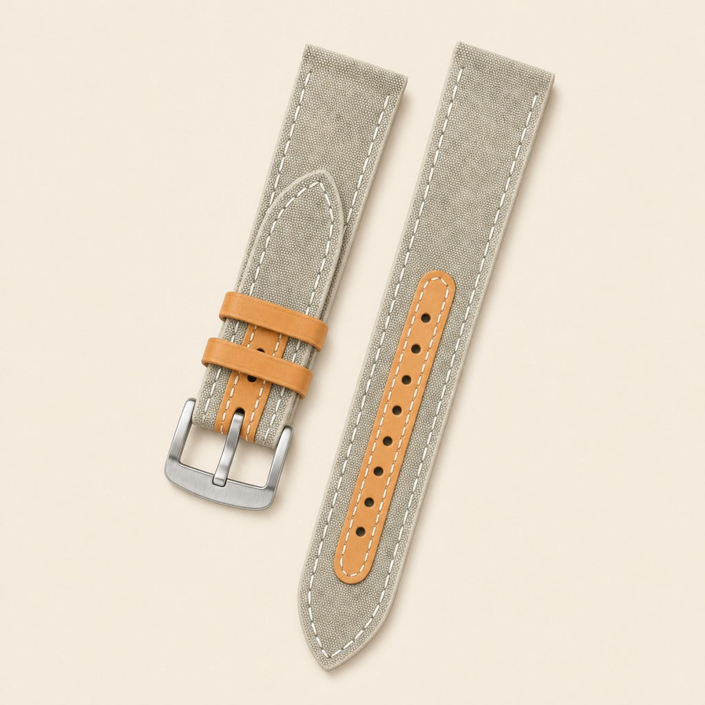 Green Grey & Tan Canvas Watch Strap leather watch strap, flat lay