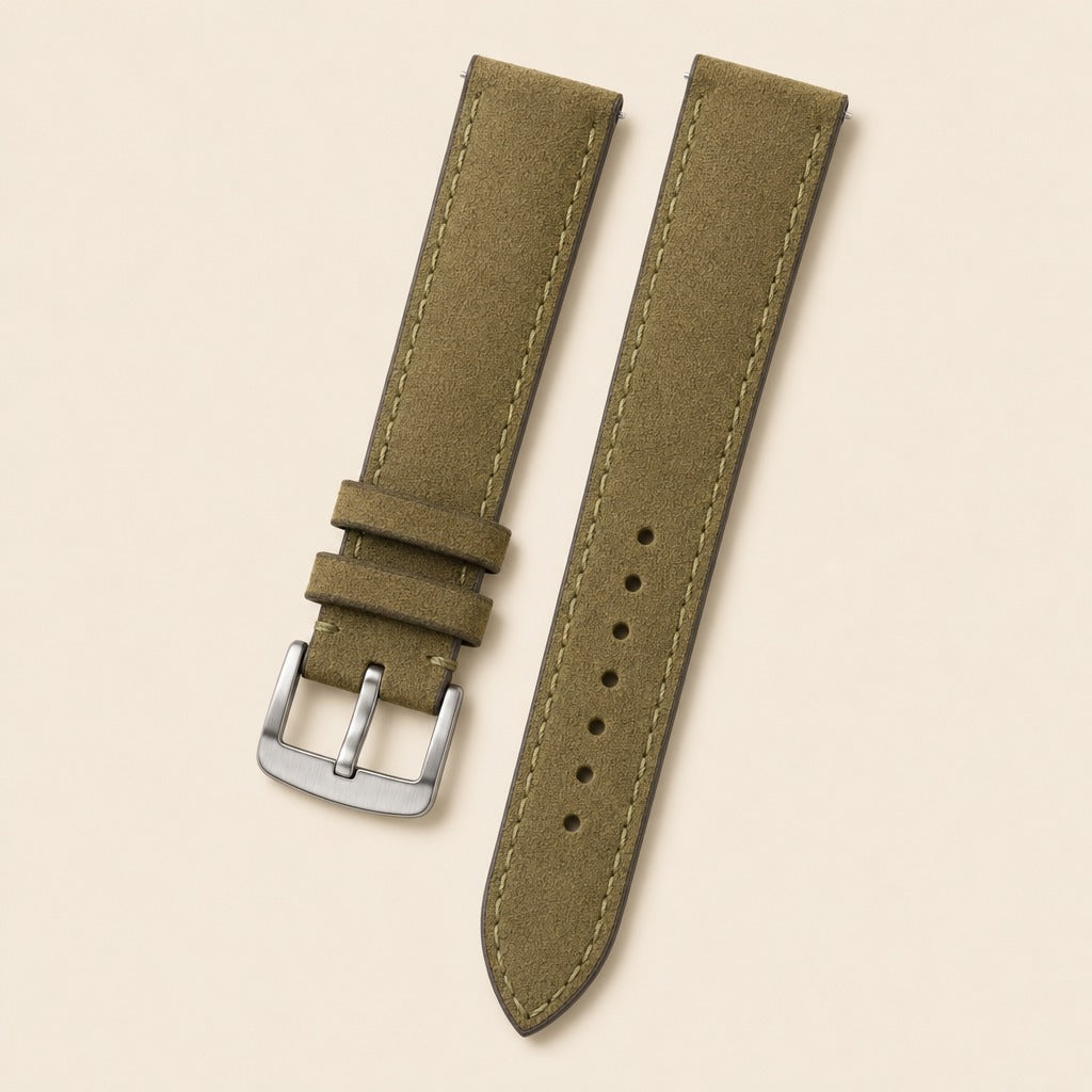 Green Olive Suede Leather Watch Strap leather watch strap, flat lay